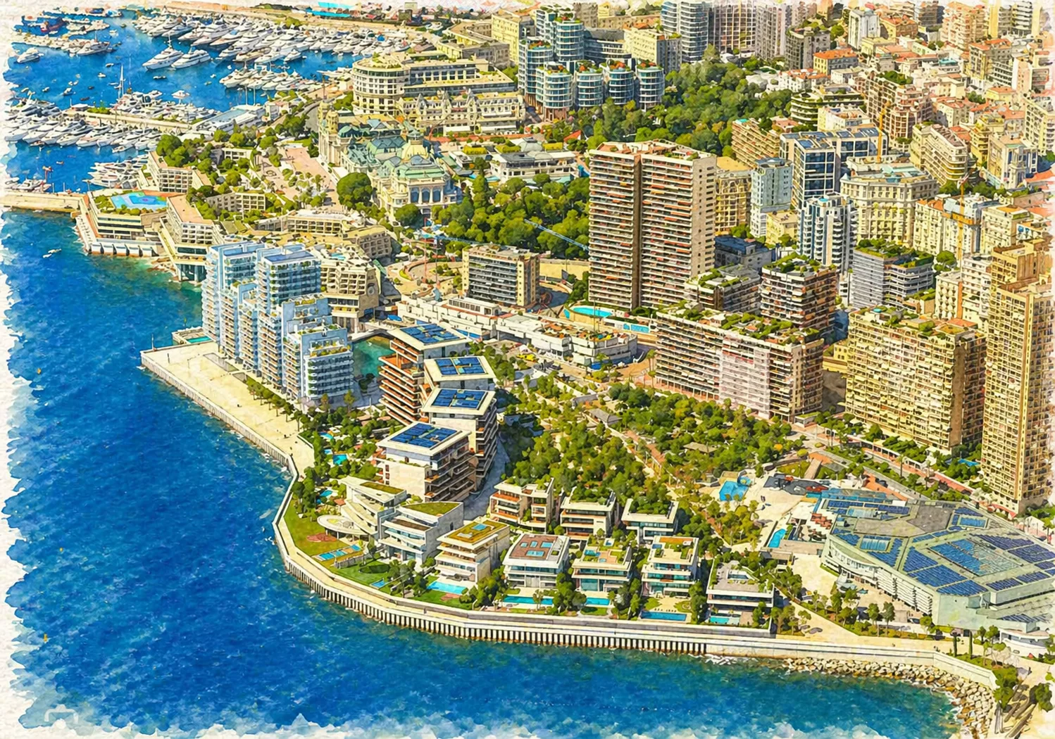 Le Portier / Mareterra district, Monaco: aerial view of Monaco's ninth district showing Le Renzo, Les Jardins d'Eau, the Villas Collection and the new private marina beside Larvotto